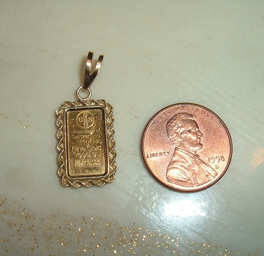 24K GOLD 999.9 FINE INGOT BAR BANK OF SWITZERLAND 14K ROPE BEZEL PENDANT 1.88g