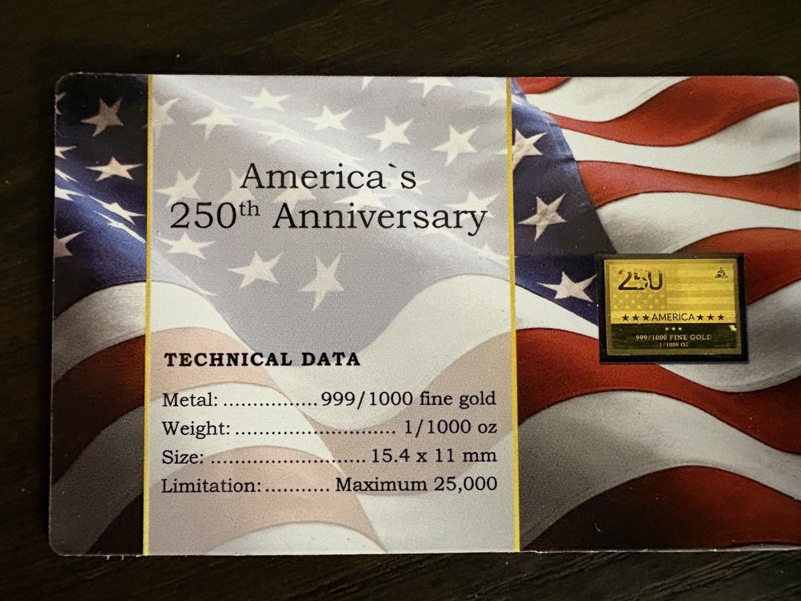 America 250 Gold Bar In Assay 1/1000 Oz