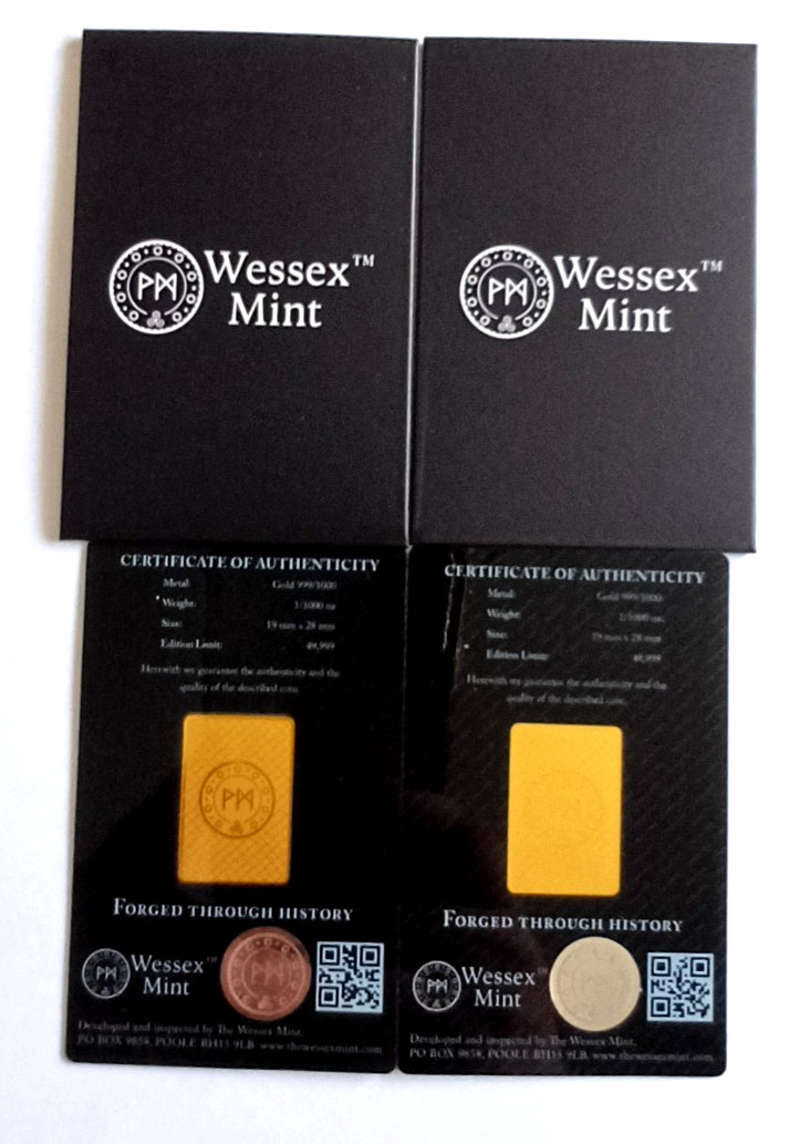 1/1000th oz Gold 999.9 Springbok & White Lion Bullion Bars by Wessex Mint