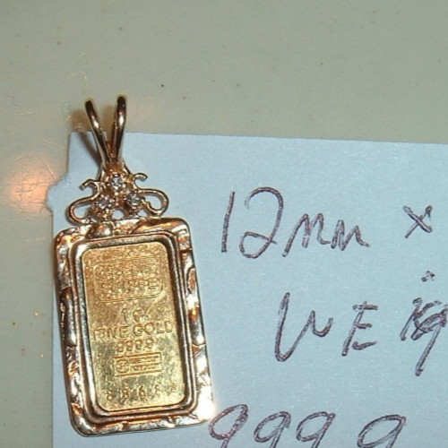 24K GOLD 3 DIAMOND Credit Suisse 999.9 FINE INGOT BAR w/ 14K PENDANT BEZEL 2.15g