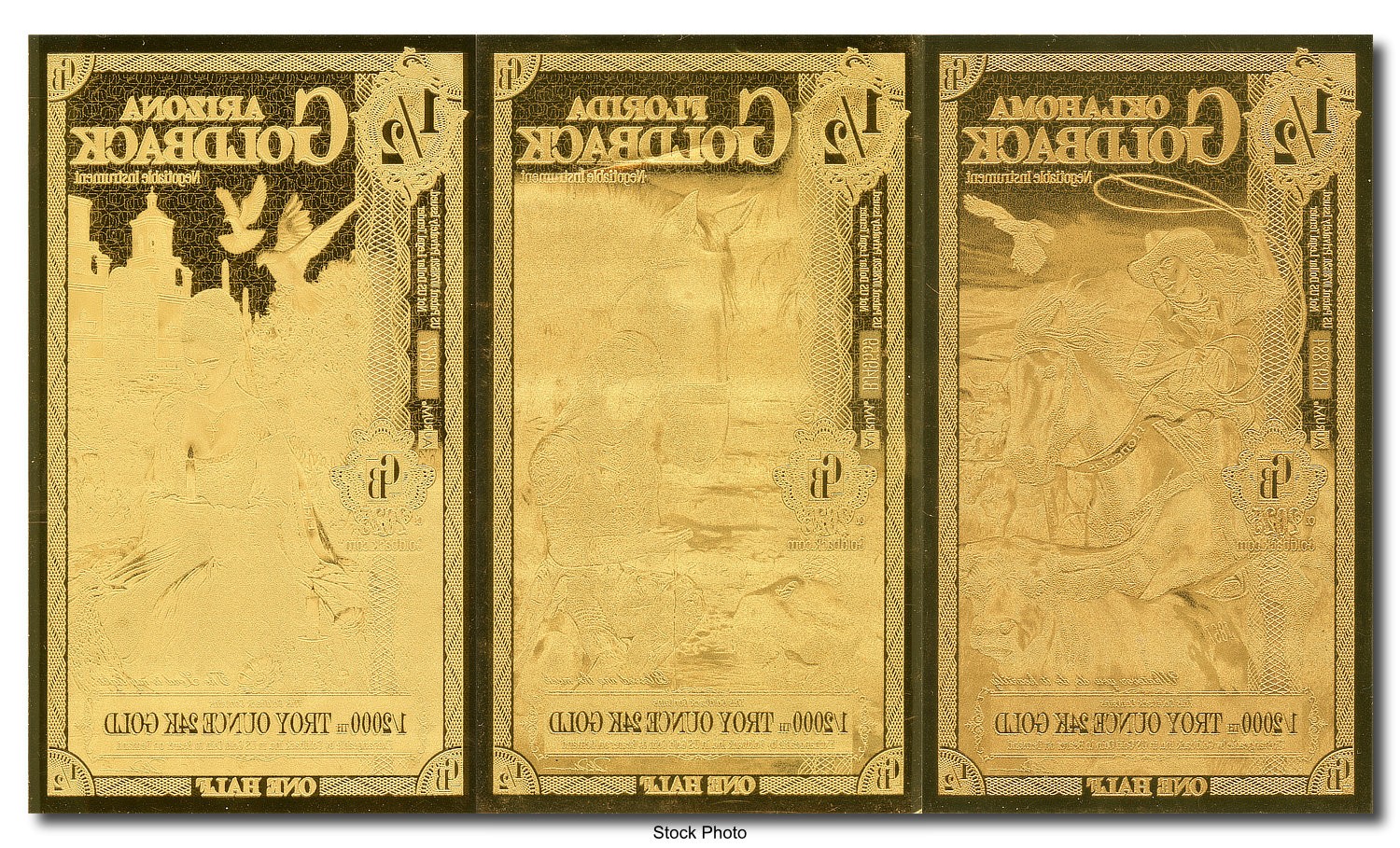 2025 1/2 GB Arizona, Florida, & Oklahoma 1/2000 oz 24K One Half Goldback 3pc Set