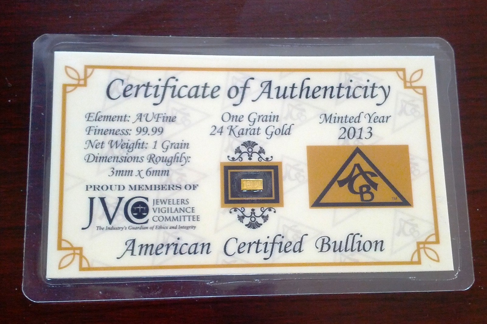 1GRAIN 24K SOLID GOLD BULLION ACB MINTED BAR 99.99 FINE W/ CERT AUTHENTICITY +