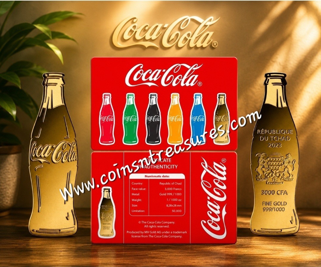 COCA COLA Bottle Shape 1/1000 Oz Gold 999 Coin card 3000 Francs Chad 2023
