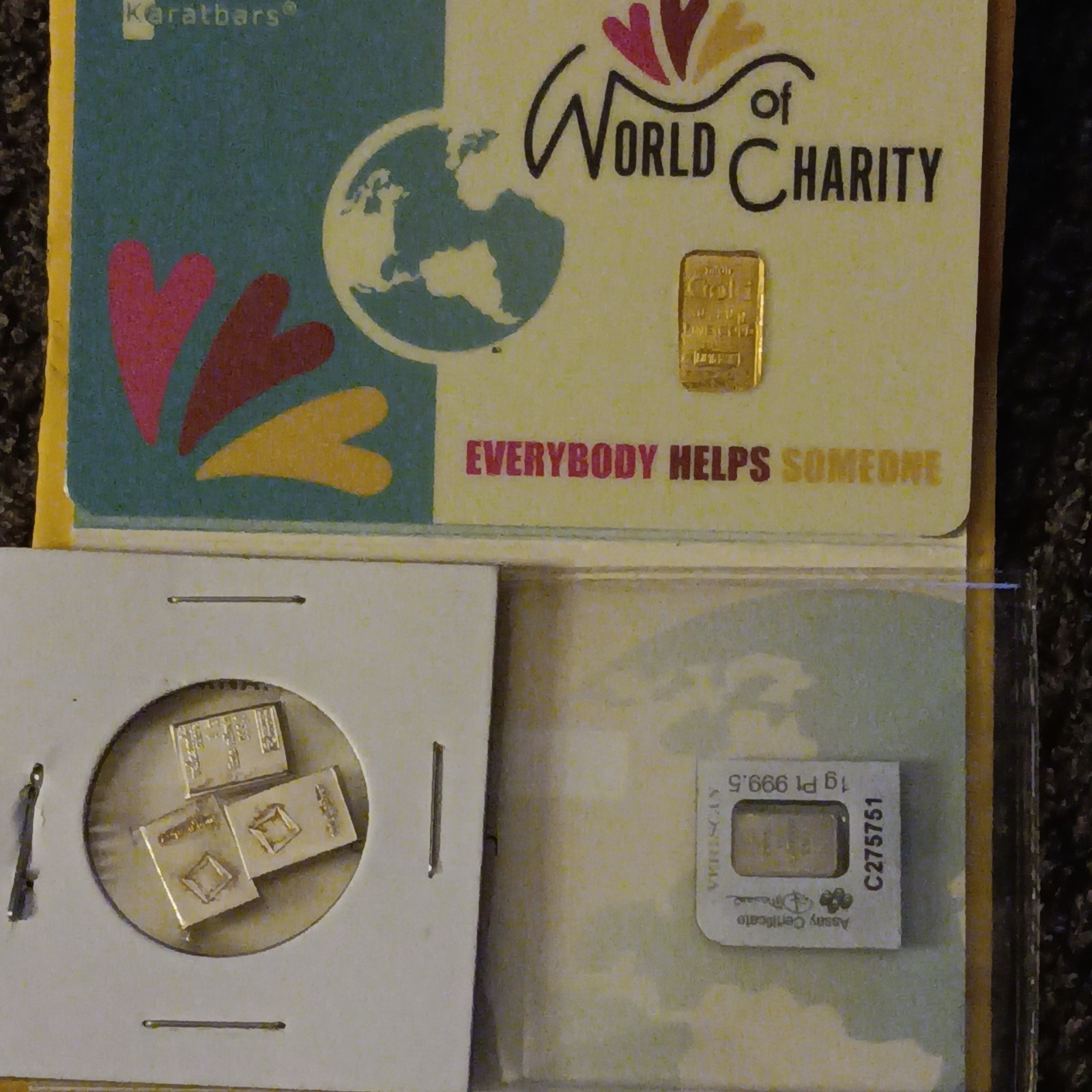 1/1000 ofa Gram 4/9 FineGold and 3 Grams Valcambi 3/9Fine Silver +1gr platinum