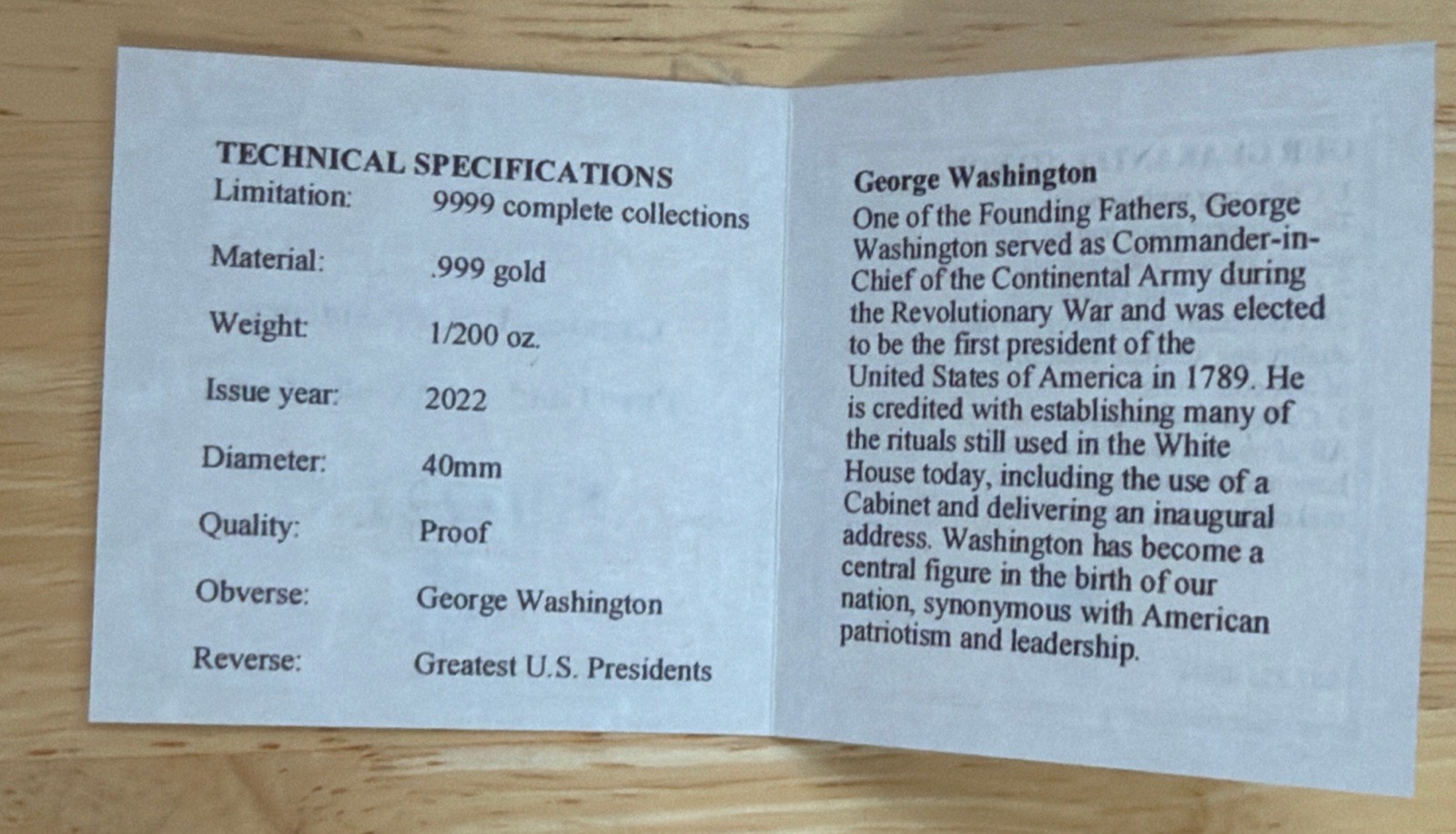 2022 American Mint George Washington Greatest Presidents 99.99% Gold 1/200oz COA
