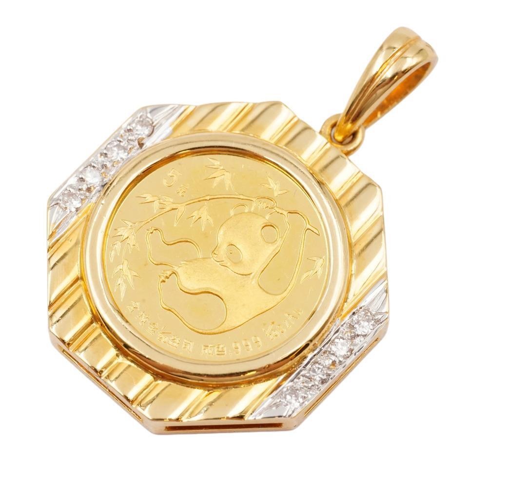 1985 China 1/20 Gold Panda .999 Pure 5 Yuan Gold Coin with 18K Diamond Bezel