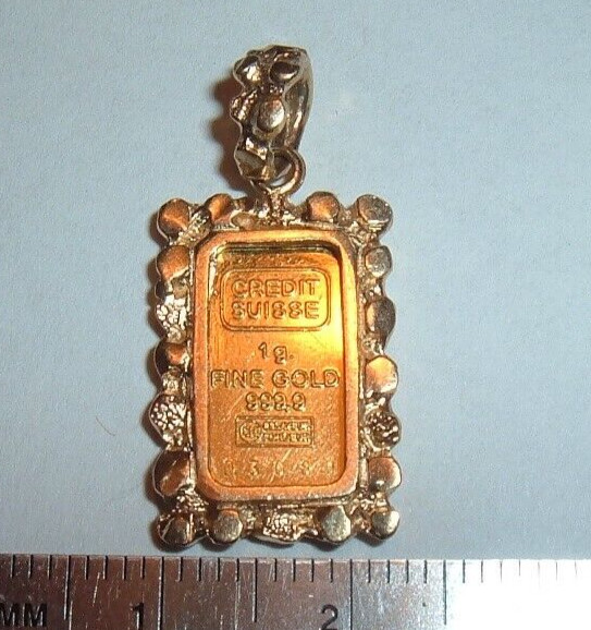 24K GOLD Credit Suisse 999.9 FINE INGOT BAR 14K NUGGET BEZEL PENDANT CHAIN 3.4g