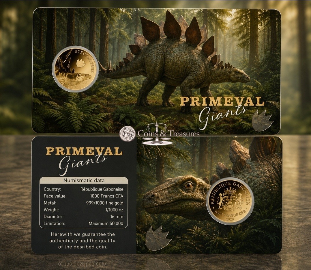 Stegosaurus Dinosaur Primeval Giants 1/1000 Oz Gold 999 Coin card