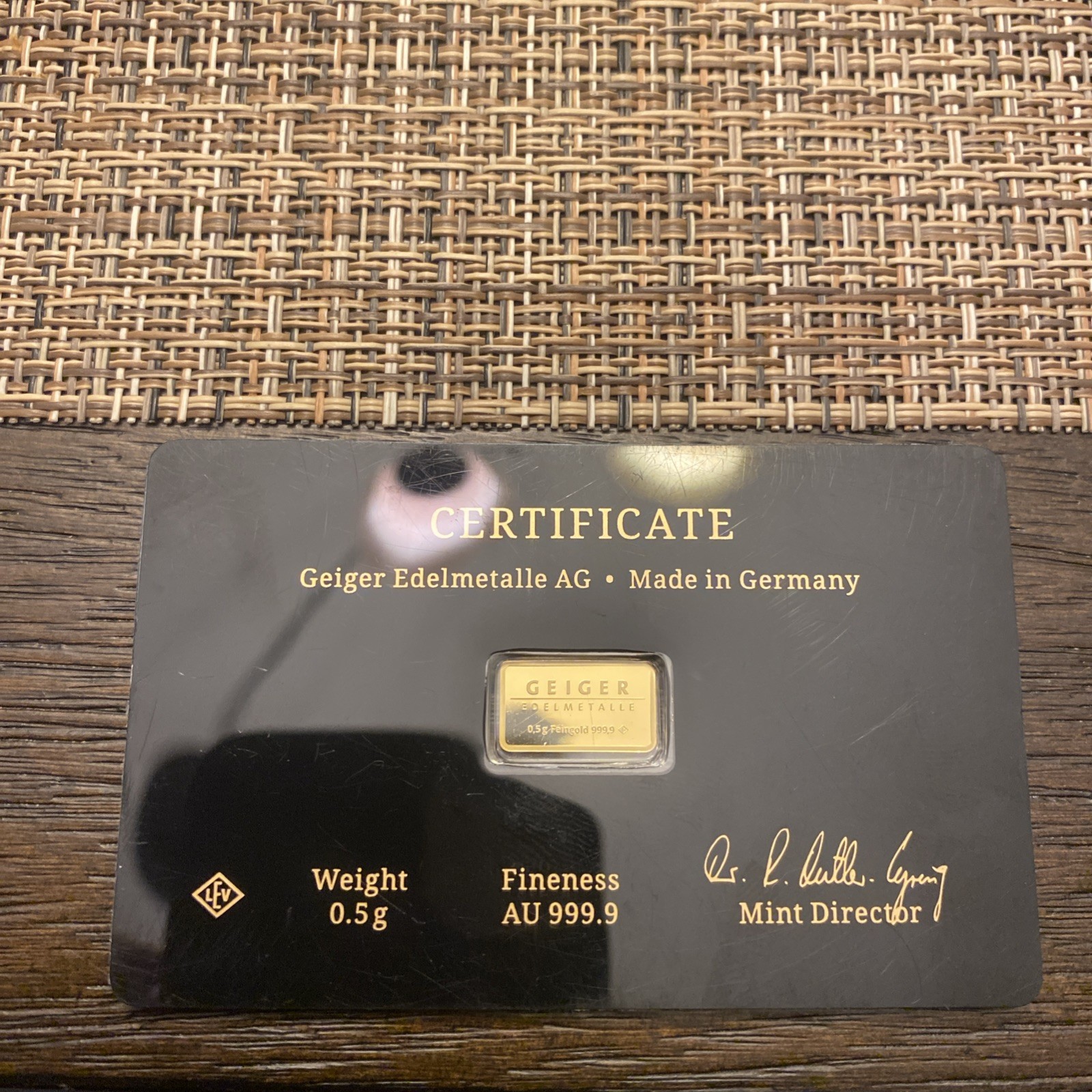 1/2 Half Gram Gold Bar .9999 Fine Geiger Bar Germany Vintage Edition Black Card