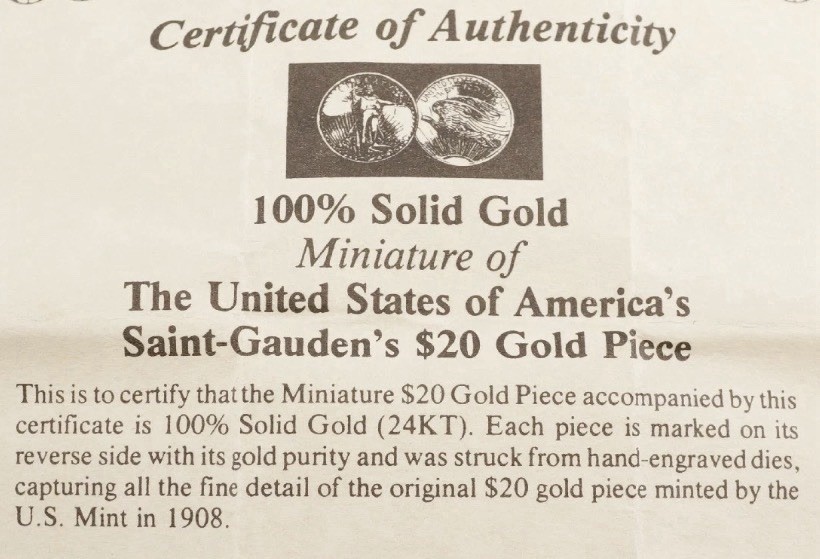 THE COLUMBIA MINT 24k YELLOW GOLD SAINT GAUDENS LIBERTY $20 MINIATURE COIN BOX