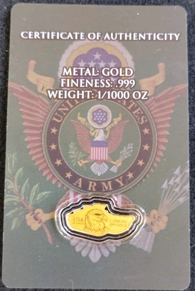 2026 US Army Tank Eagle 1/1000 oz .999 Fine Gold Fractional Art Bar in COA Card