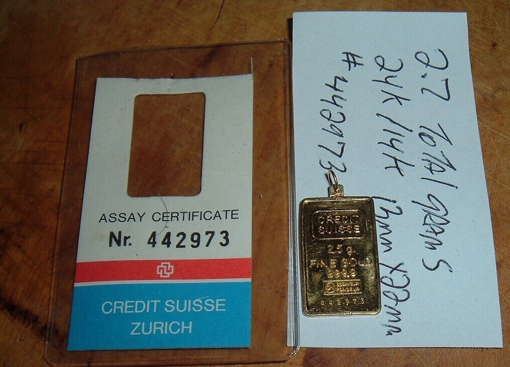 24K GOLD Credit Suisse 999.9 FINE 2.5 INGOT BAR 585 14K PENDANT BEZEL CHAIN 2.7g
