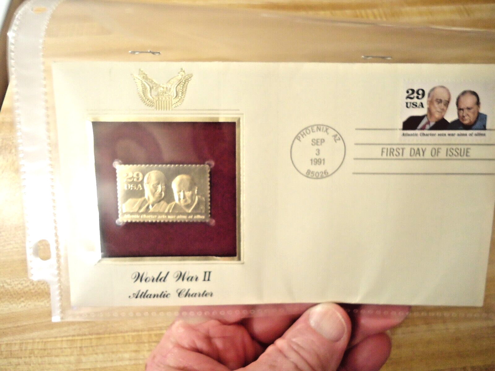 1991 Atlantic Charter 22KT Gold Stamp USPS 1st Day Issue FDR & Churchill Stamp