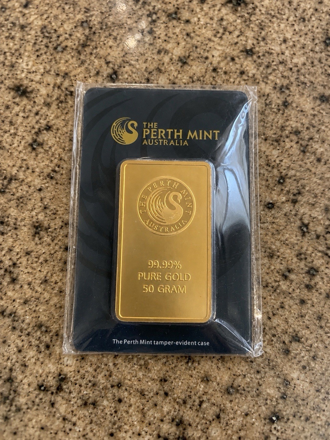 The Perth Mint 50 Gram Gold Bar 0.9999 Fine in Assay Card Tamper-Evident Case