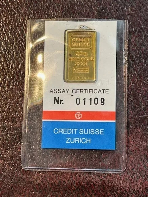 2.5 GRAM CREDIT SUISSE 999.9 GOLD BAR 14K GOLD BEZEL CHARM PENDANT NECKLACE 2.8z