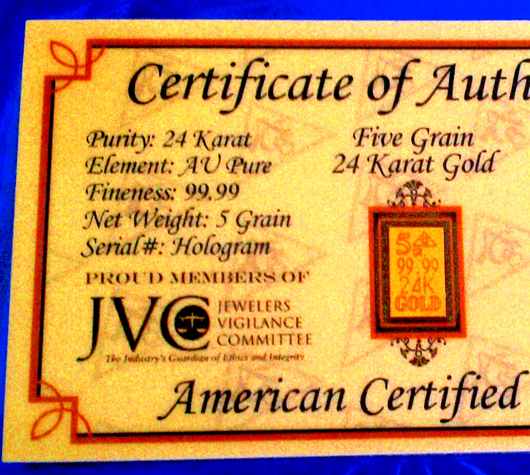 GOLD BAR ACB 24K SOLID BULLION 5GRAIN 99.99 FINE Au WITH CERTIFICATE