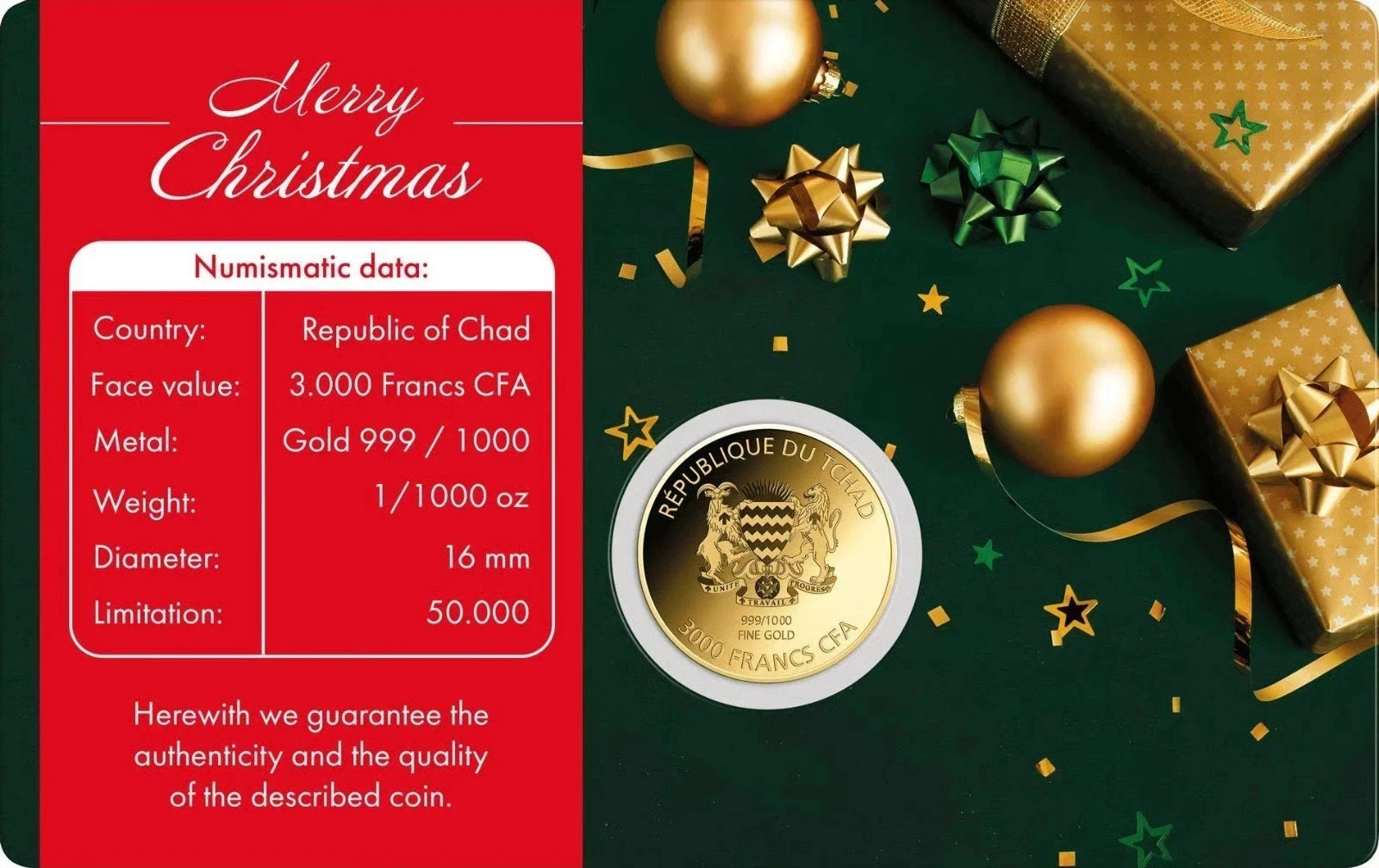 Coca-Cola Santa Christmas 1/1000 Oz .999 FINE Gold Coin Chad 3000 CFA Franc