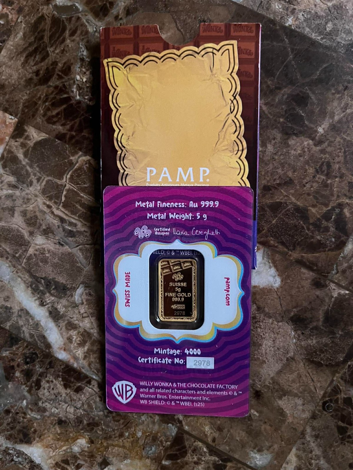 PAMP Suisse Willy Wonka 5 Gram .9999 Fine Gold Bar – in Assay, Ltd 4,000 Mintage