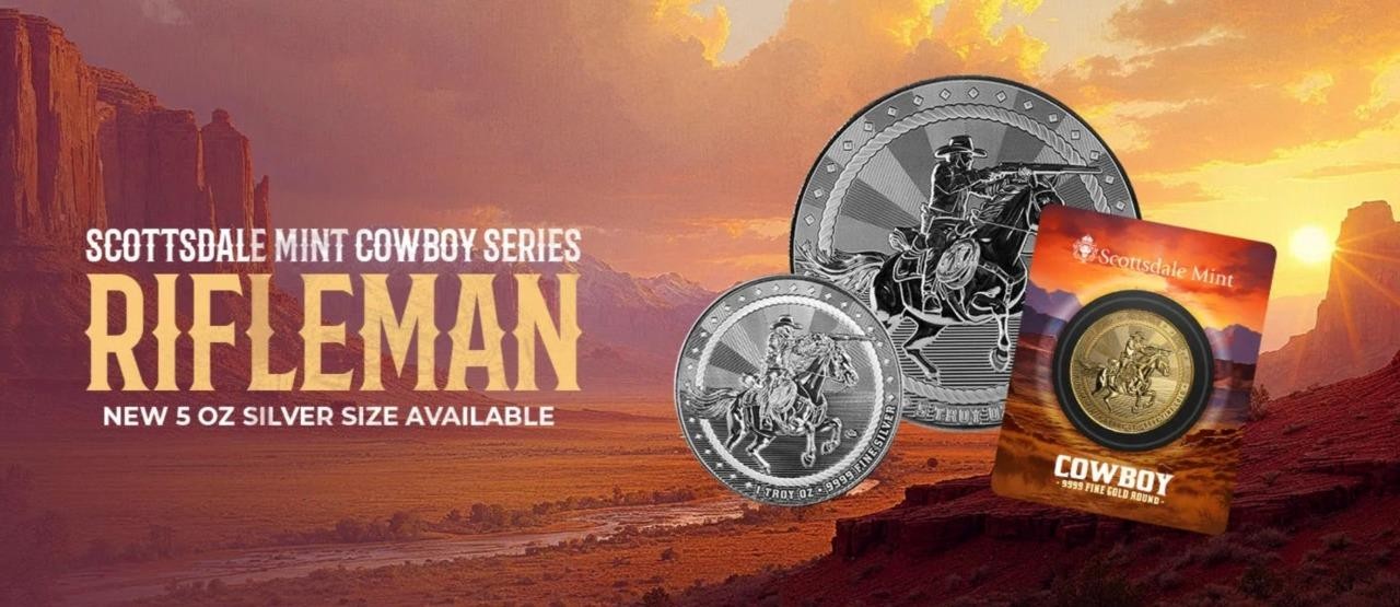 1 oz Gold Cowboy Rifleman w/ Buffalo Privy .9999 Gold Bullion Round in COA #A705
