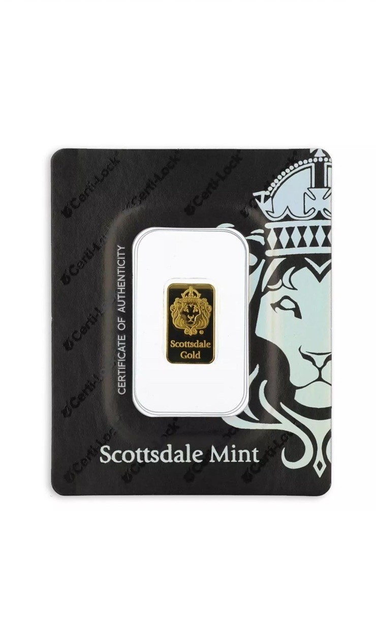 2 gram Scottsdale Mint .9999 Gold Bar – Sealed in Certi-Lock COA