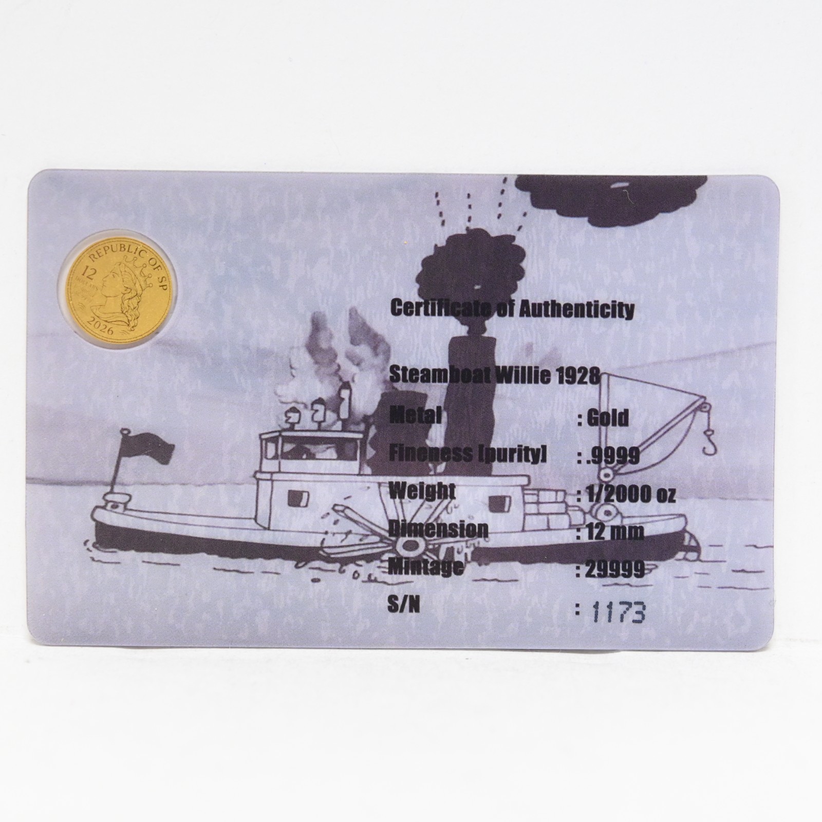 2026 Steamboat Willie 1928 1/2000-oz .9999 Gold in Card Cert #1173