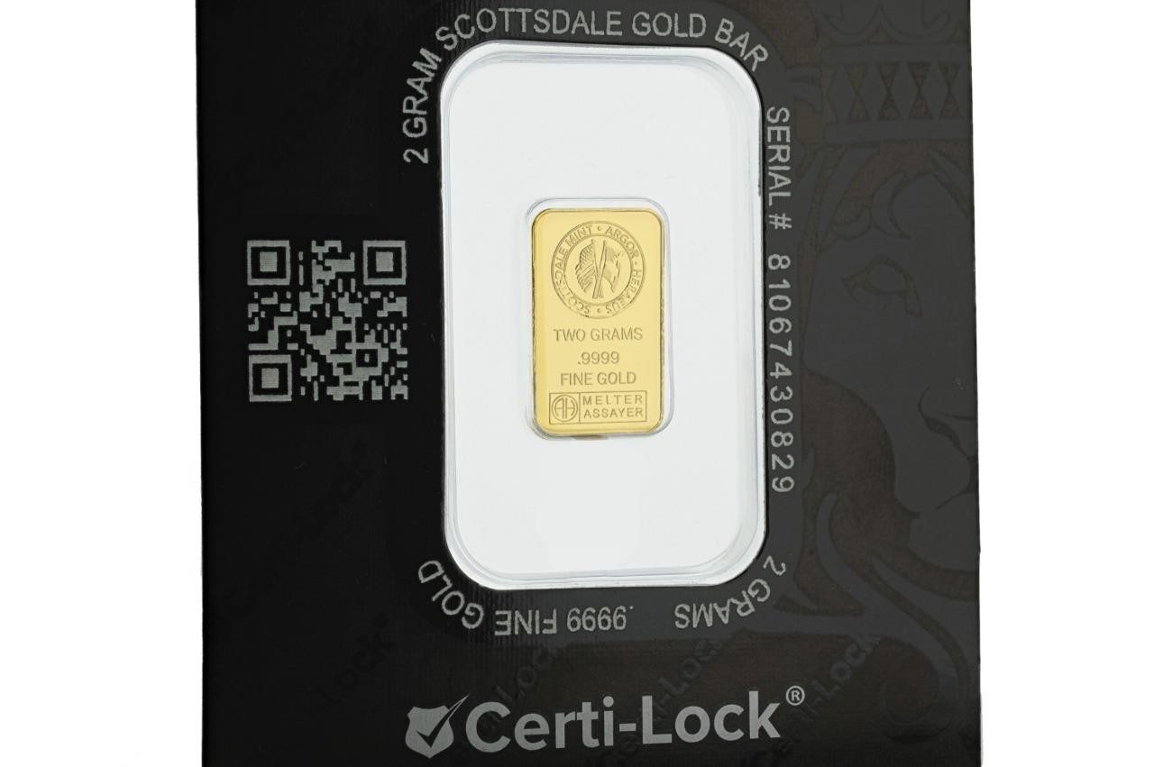 2 gram Scottsdale Mint .9999 Gold Bar – Sealed in Certi-Lock COA #A378