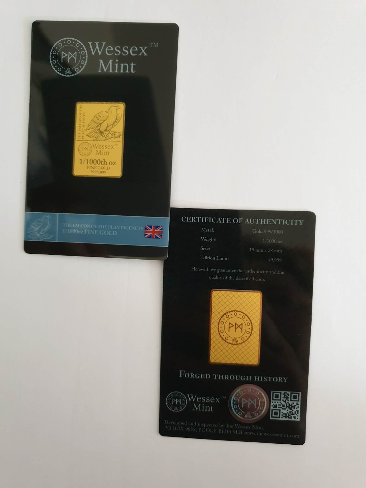 1/1000 oz The Falcon Of The Plantagenets 24K Gold Bar LBMA CERTIFICATE-WESSEX MI