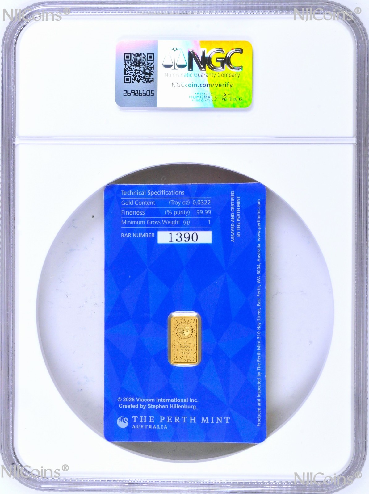 2025 SPONGEBOB SQUAREPANTS 1g .9999 Gold Perth Mint Minted Bar NGC MS 70 FR