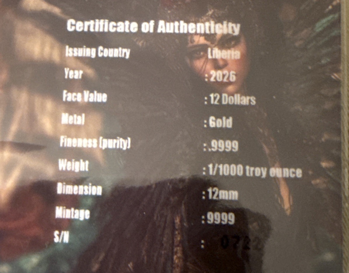 SIREN 1/1000 oz Fine Gold 12mm Coin in Capsule Card 12$ Liberia