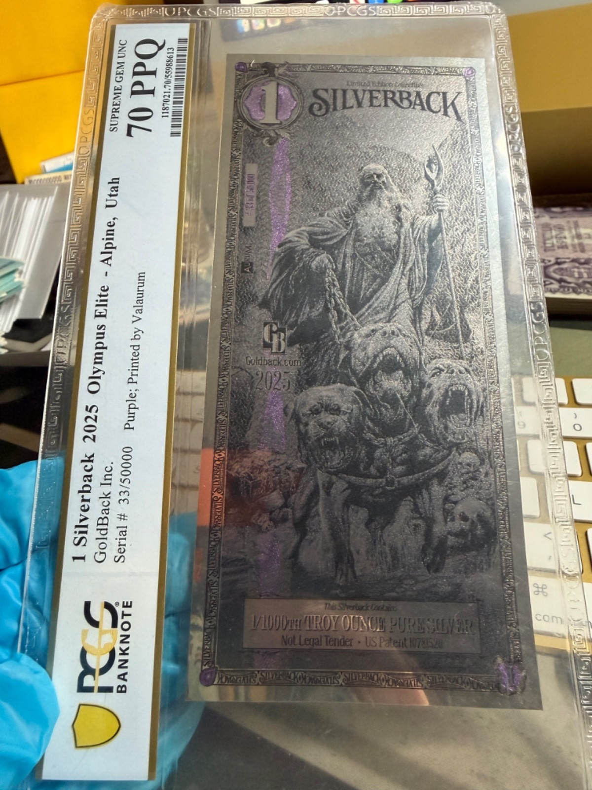 PCGS Silverback Hades Olympus, .999 PURE Silver 1/1000 Troy oz., Purple GEM #33
