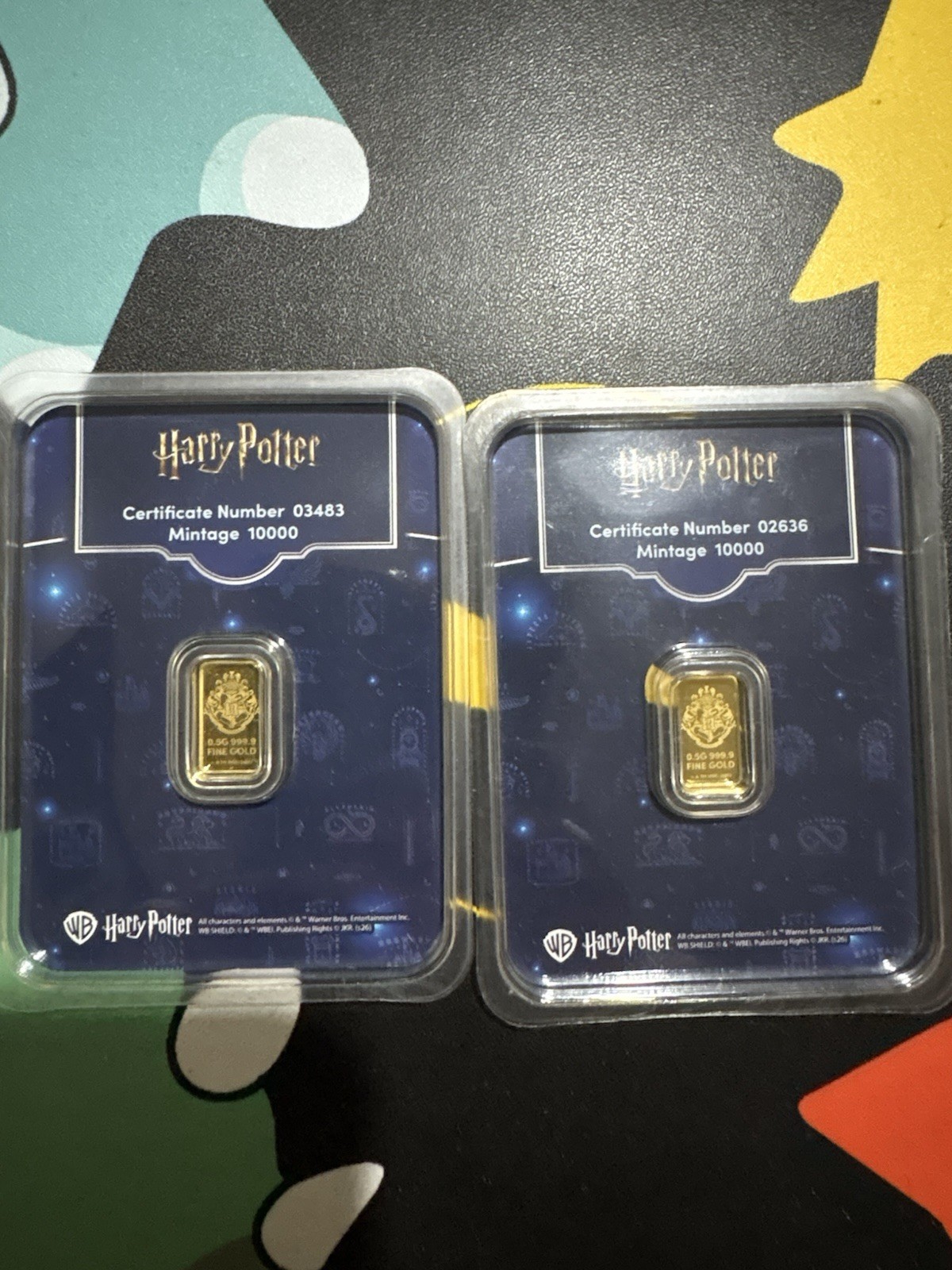 Harry Potter 2x 0.5g Gold Bars (1g Total) Certificates 03483 & 02636