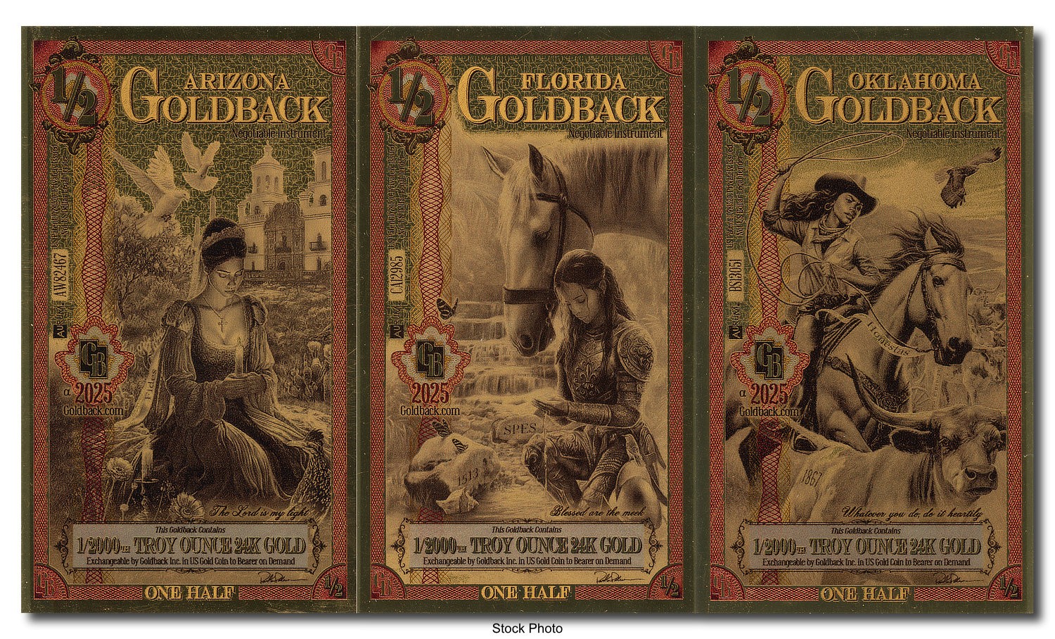 2025 1/2 GB Arizona, Florida, & Oklahoma 1/2000 oz 24K One Half Goldback 3pc Set