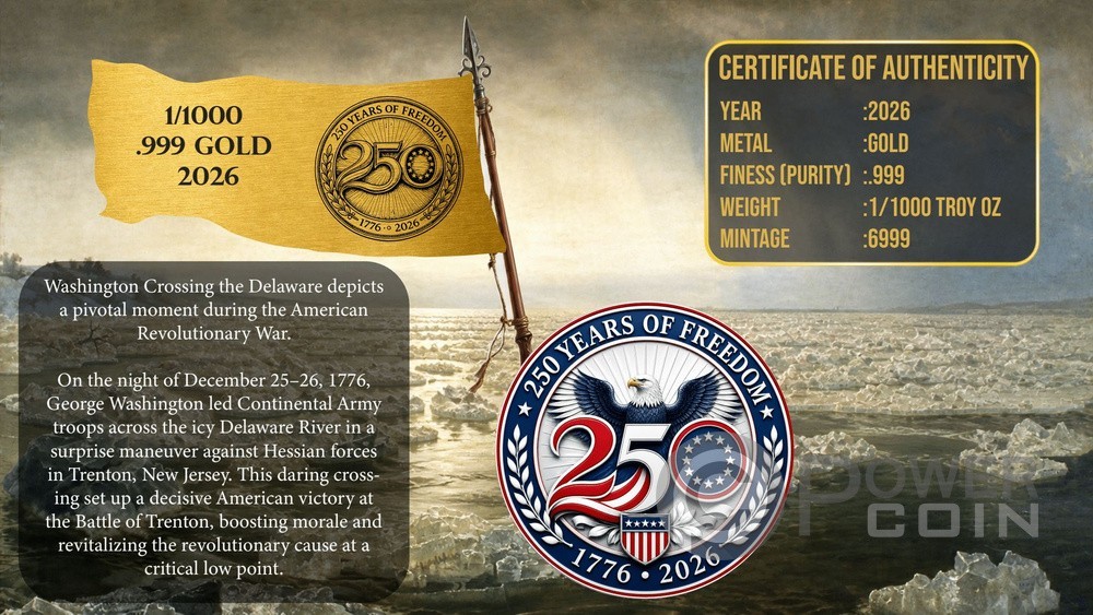WASHINGTON CROSSING THE DELAWARE 1776 1/1000 Oz Gold Medal