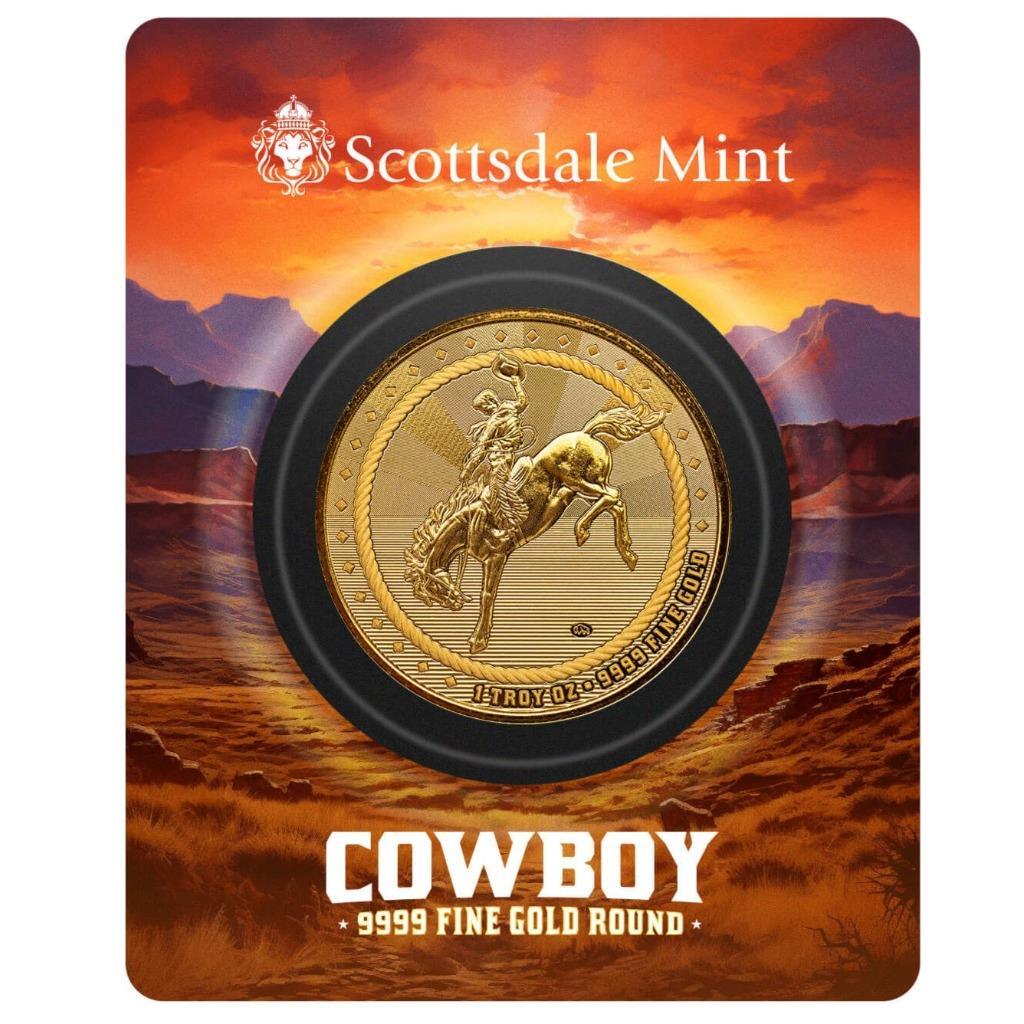 1 oz Gold Cowboy Round w/ Buffalo Privy .9999 Gold Bullion Round in COA #A591