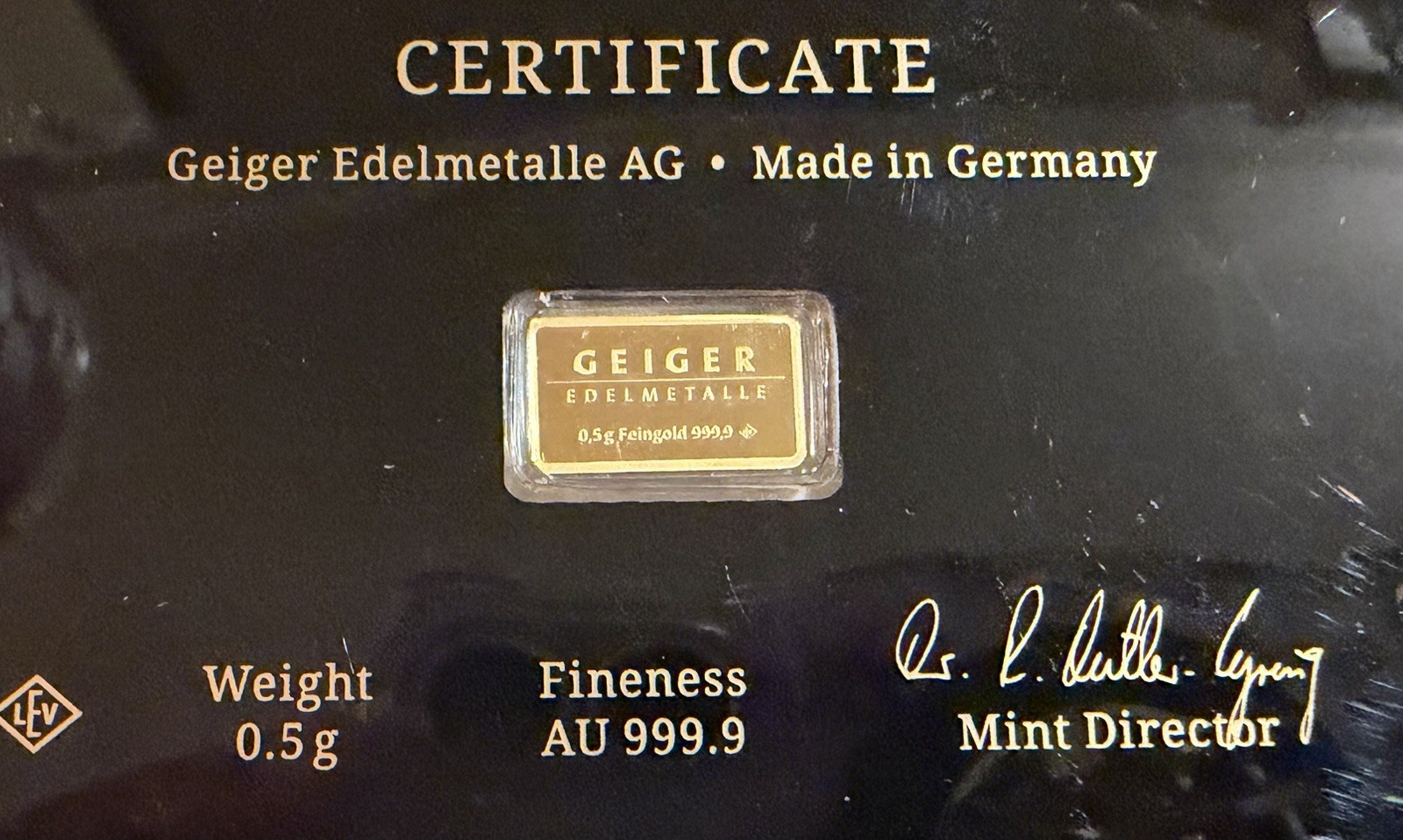 Geiger Schloss Guldengossa Vintage Edition Carded Gold Bar .5 Gram .999 Fine