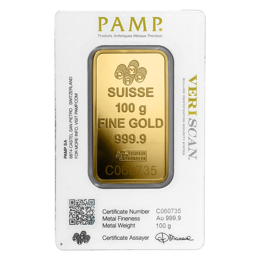 100 gram Gold PAMP Suisse Lady Fortuna Veriscan® Bar w/ Assay -eB