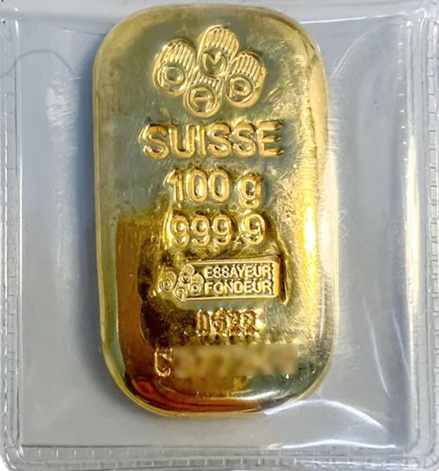 100 gram Gold Bar – PAMP Suisse – Poured – 999.9 Fine with Assay