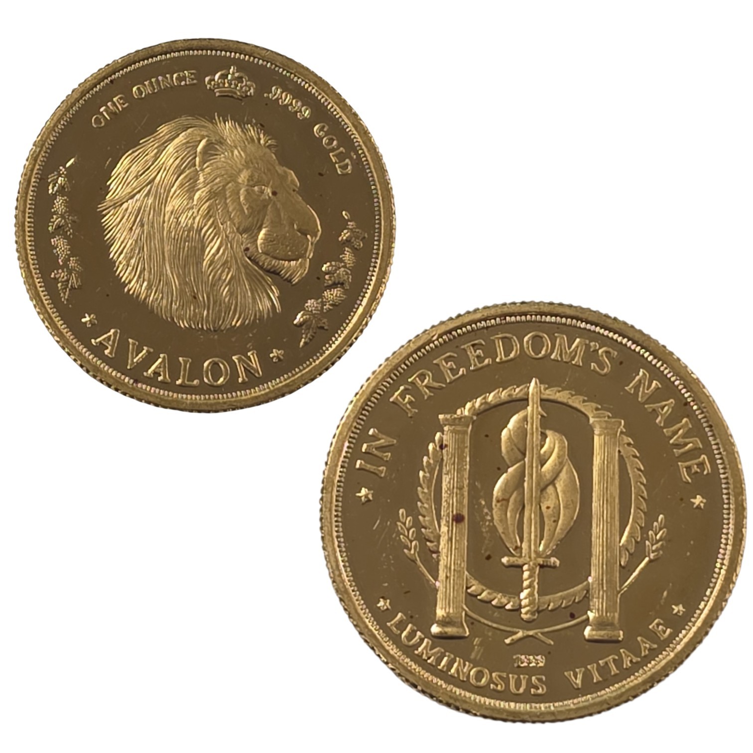 1 oz Gold Avalon The Patriot Round with Red Spots and Minor Scratches