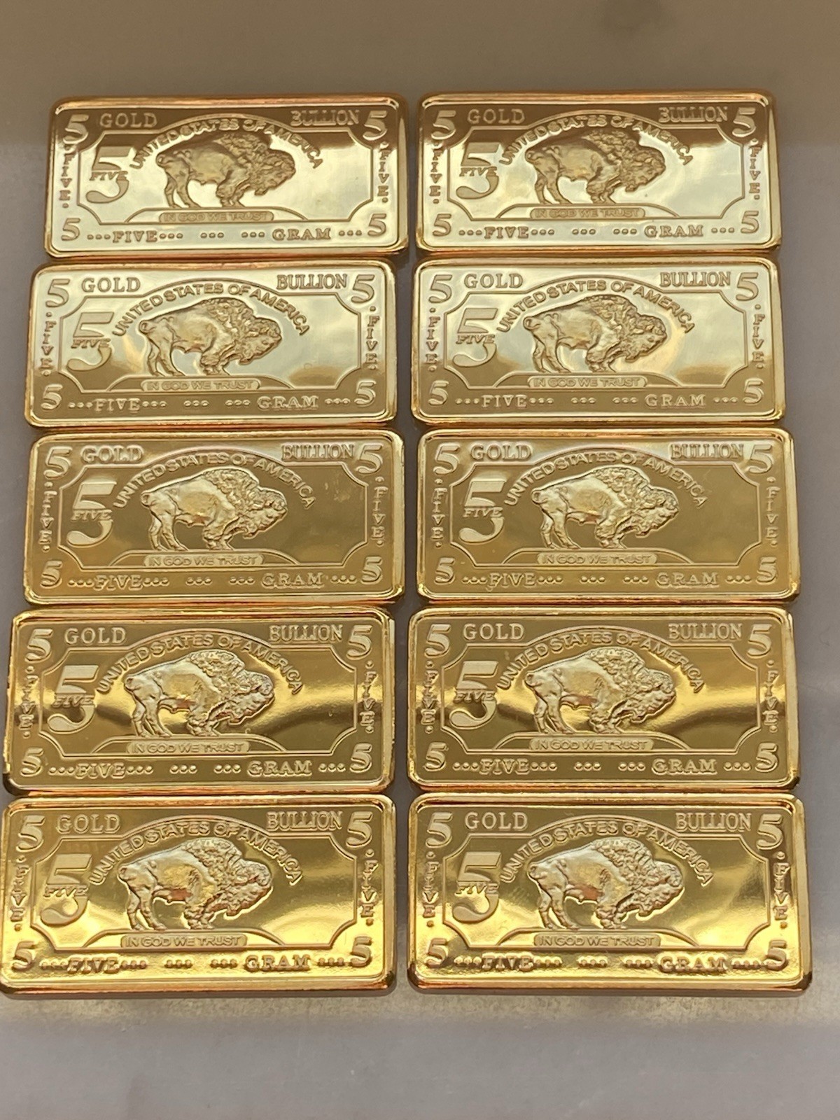 Lot of 10 – 5 GRAM 100 MILLLS GOLD BUFFALO BULLION BARS .999 FINE