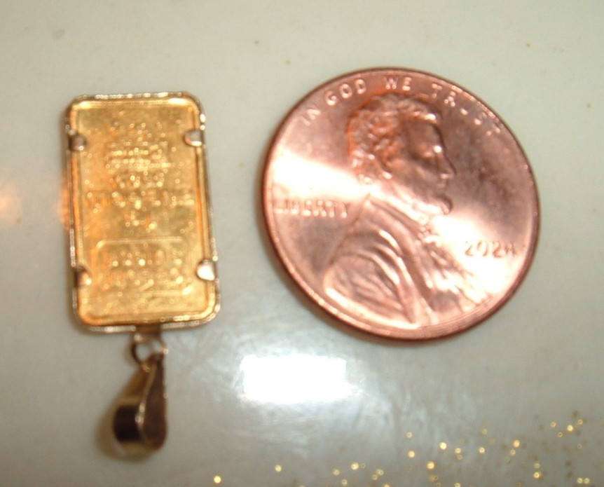 24K GOLD Credit Suisse 999.9 FINE 39957 INGOT BAR 14K BEZEL PENDANT CHAIN 1.27g