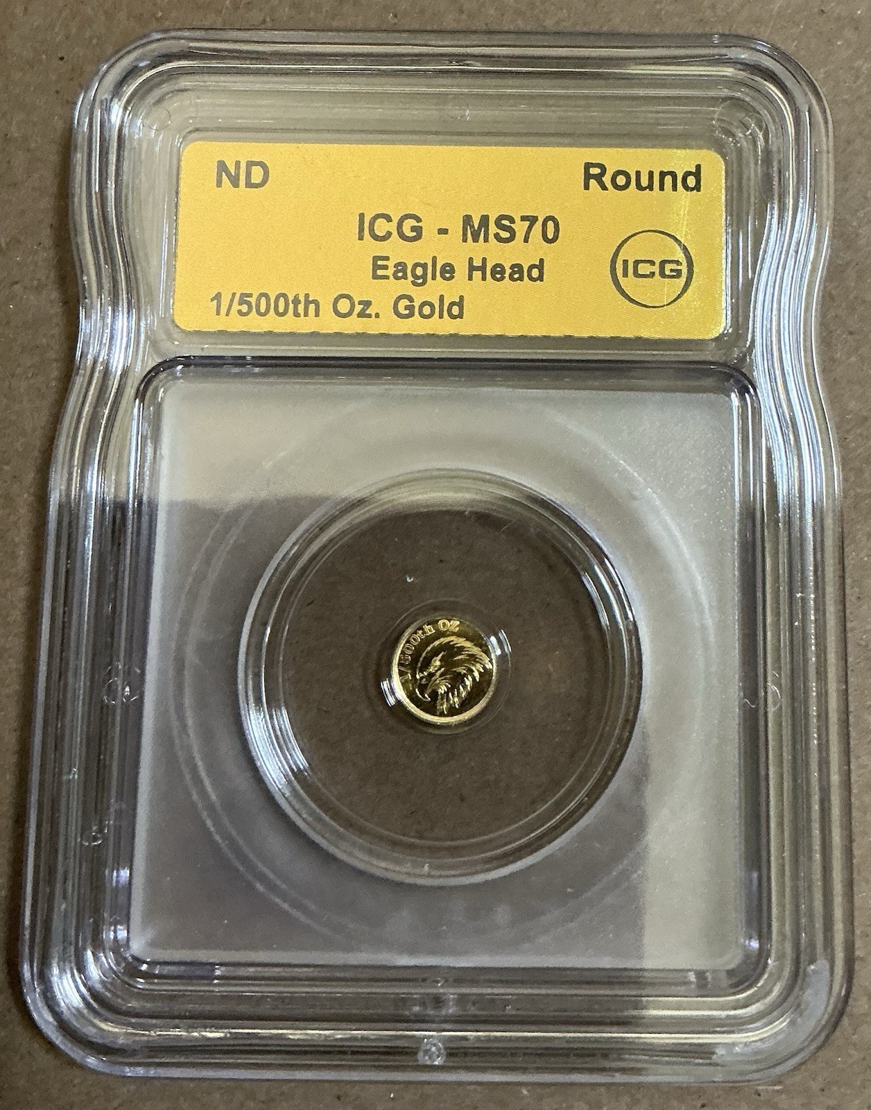 Gold Eagle Head 1/500th Troy oz .999 Gold Round ICG MS70 ND