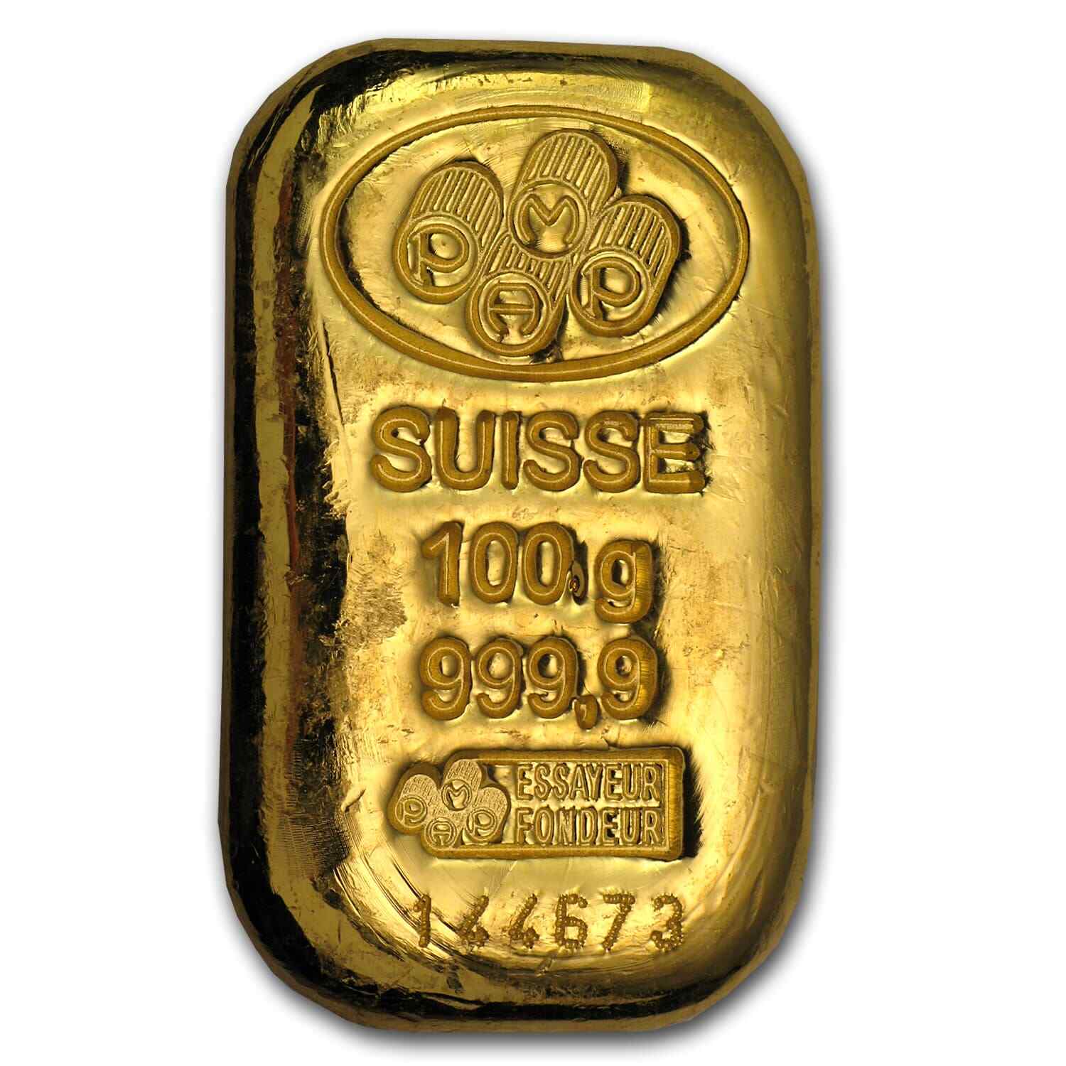 100 gram Gold Bar – PAMP Suisse (Cast, w/Assay)