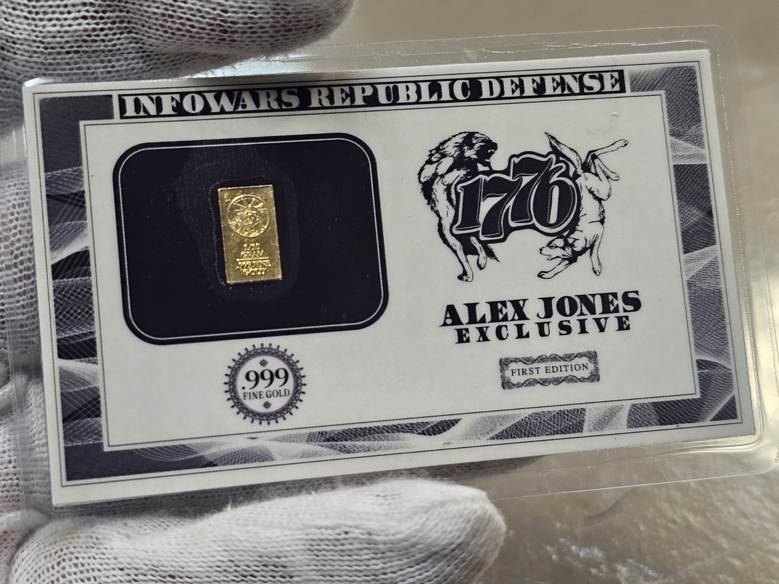 1/10 gram .999 Fine Gold Alex Jones “Infowars Republic Defense” 1776 card