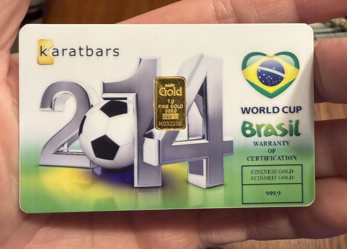Karatbars 1 Gram .999 Fine Gold Bar Brazil 2014 World Cup Soccer Unique Karatbar