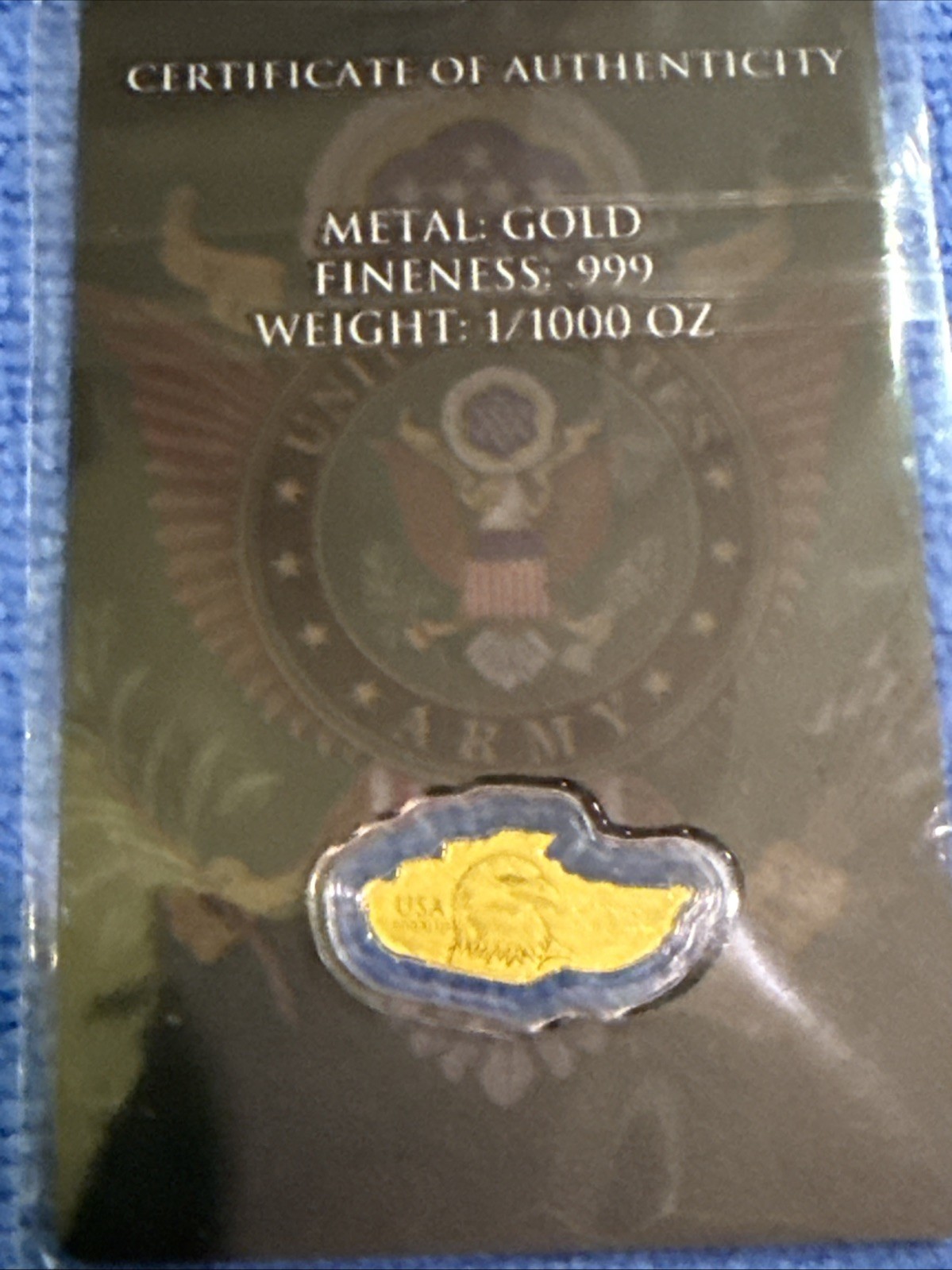 2026 US Army Tank Eagle 1/1000 oz .999 Fine Gold Fractional Art Bar in COA Card