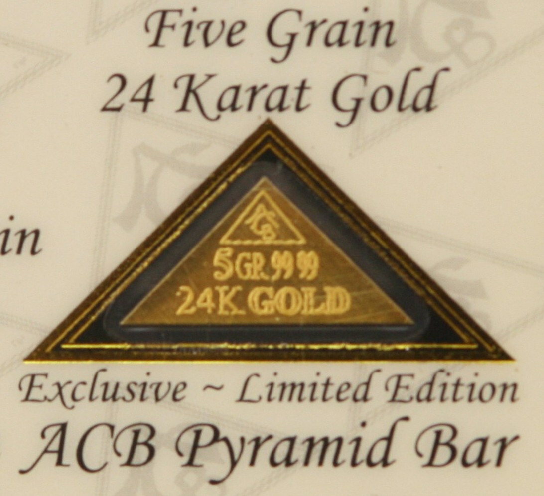 GOLD ACB PYRAMID 5GRAIN 24K SOLID BULLION ~ BAR 9999 FINE With COA