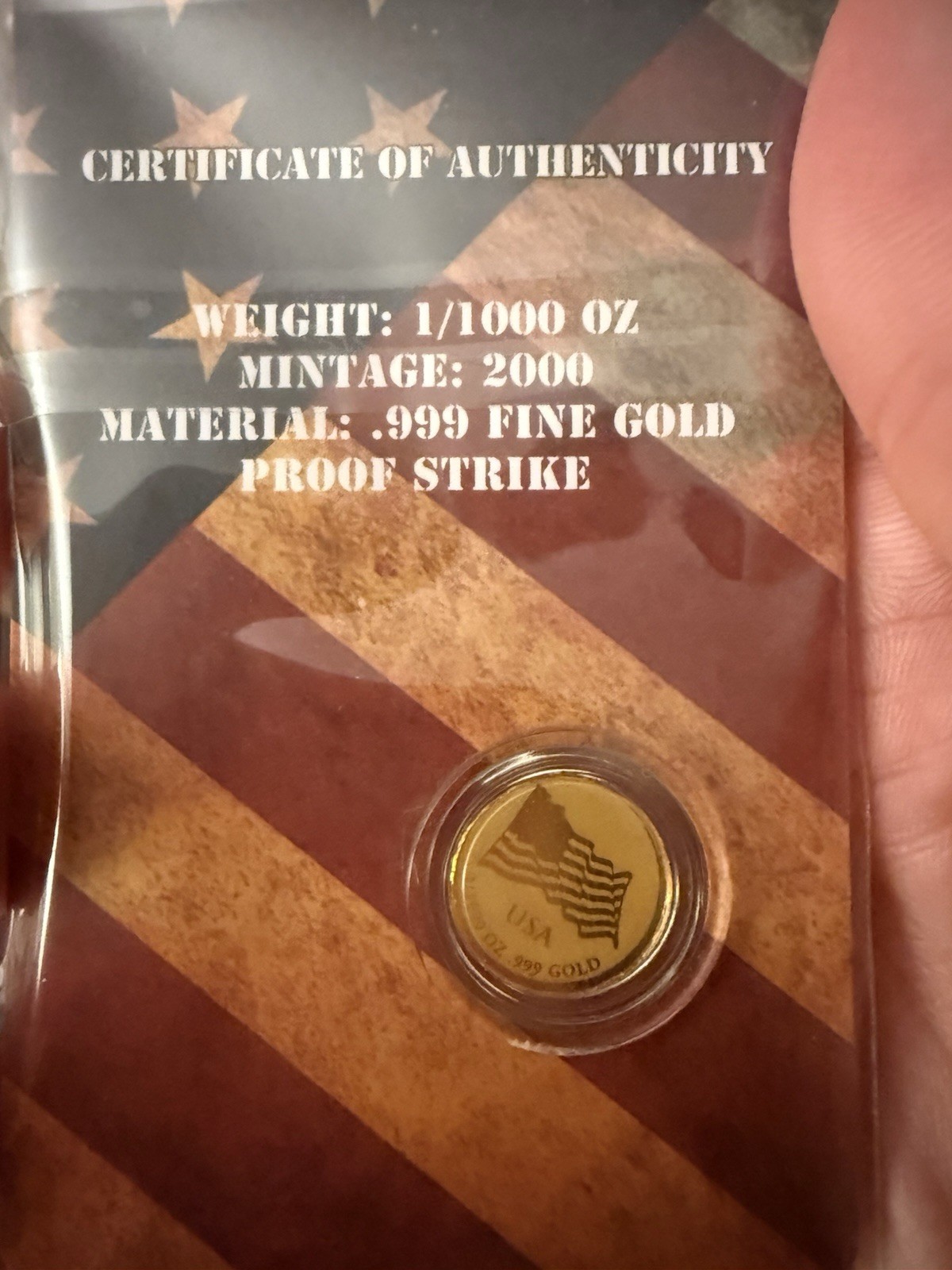 2 – USA 1/1000 oz .999 Fine Gold Proof Round USA Flag/Liberty, COA Mintage 2000