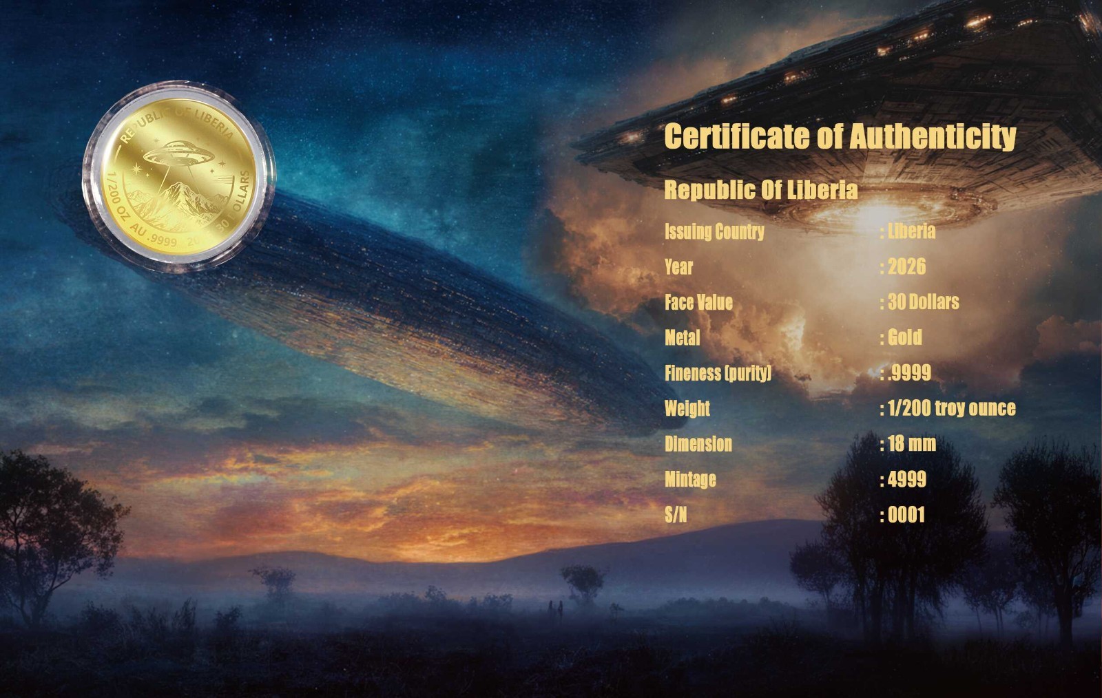 ALIEN 1/200 Oz Gold Coin card 30$ Liberia 2026