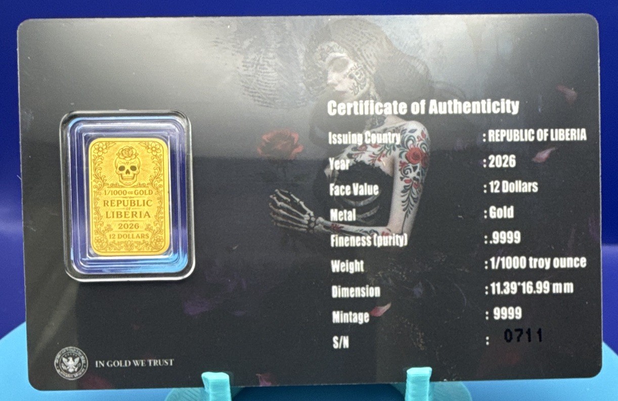 Republic of Liberia 2026 Dia de los Muertos Gold Bar .9999 Fine 1/1000 oz