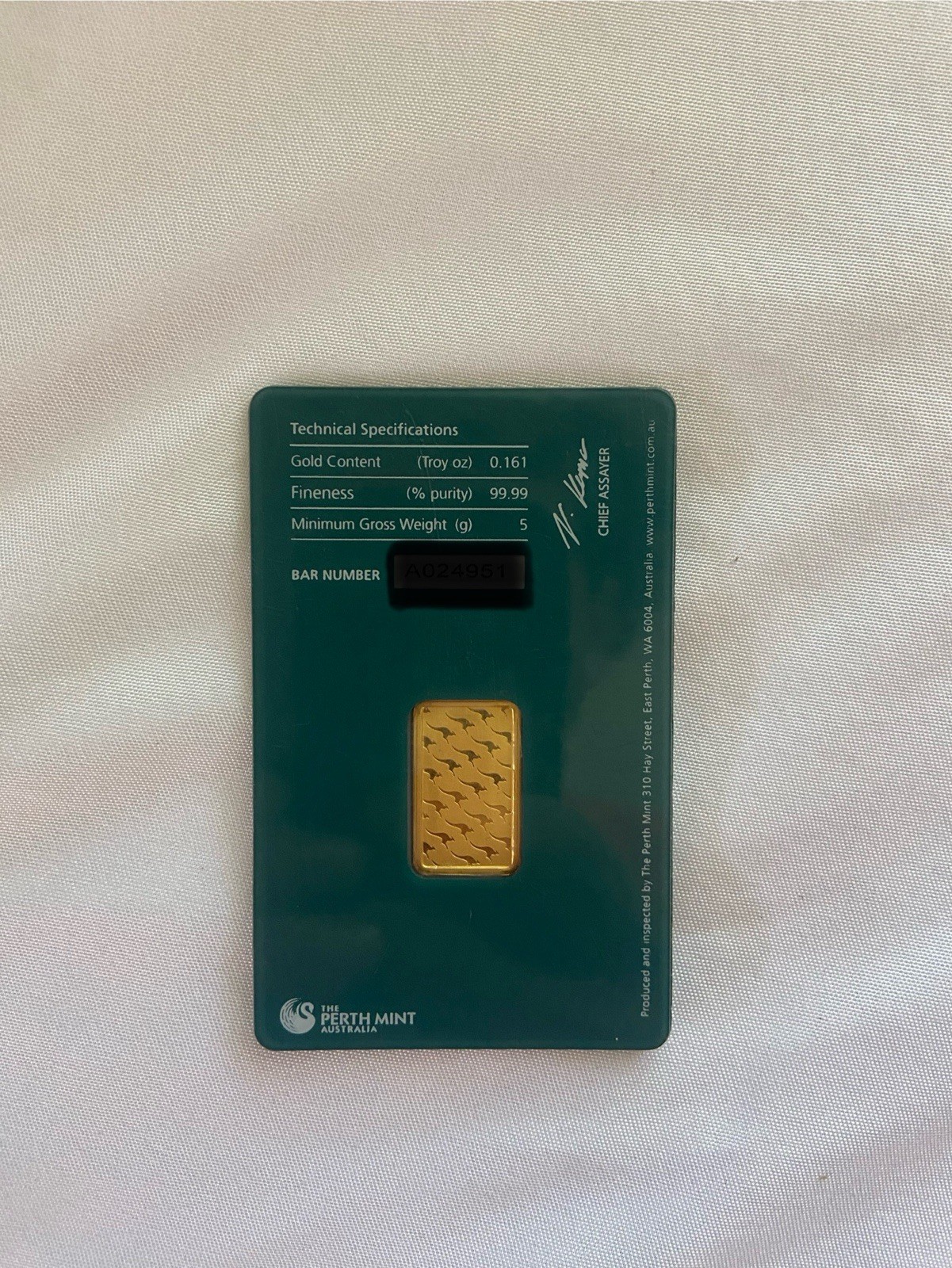 Perth Mint 5 Gram Gold Bar .9999 Fine Gold in Assay Card 5g Bullion